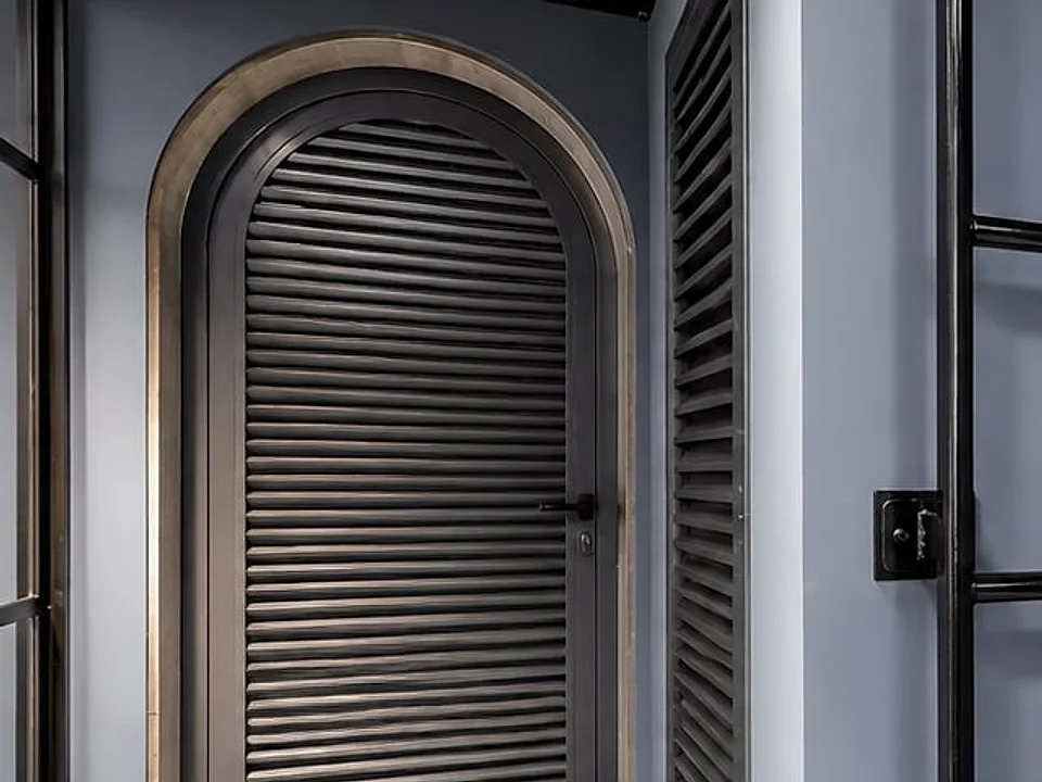 Close-up of painted grey walls at Villa G28, finished neatly around an arched louvred door