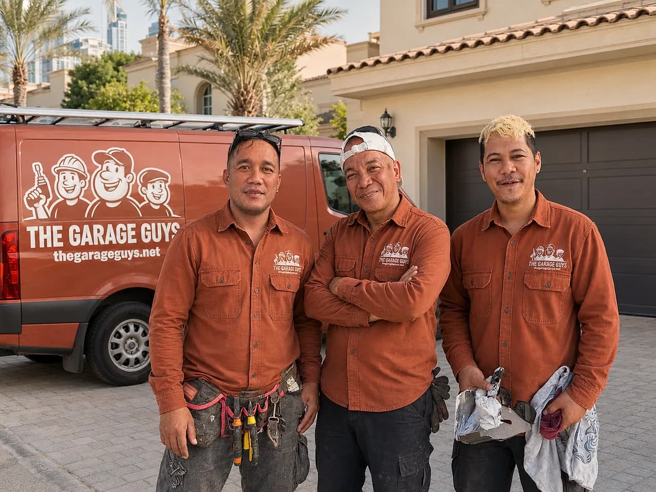 The Garage Guys team — Joey, Roel and Vincent in branded shirts in front of their van outside a Dubai villa