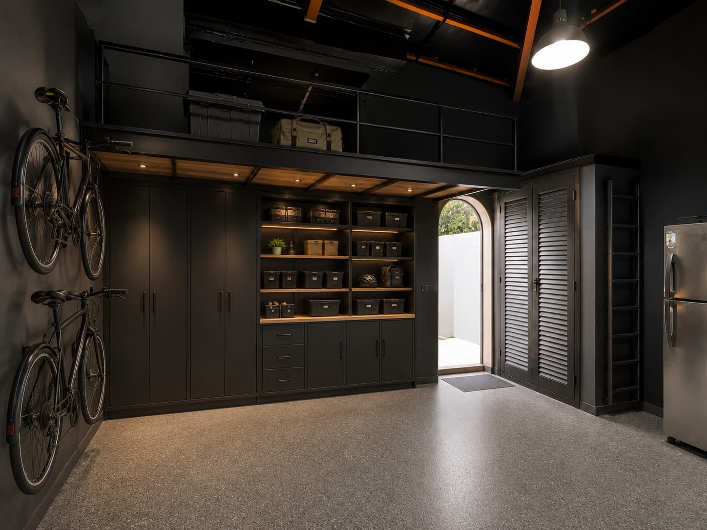 Design concept render for the G28 garage: dark cabinetry, mezzanine and wall-mounted bikes