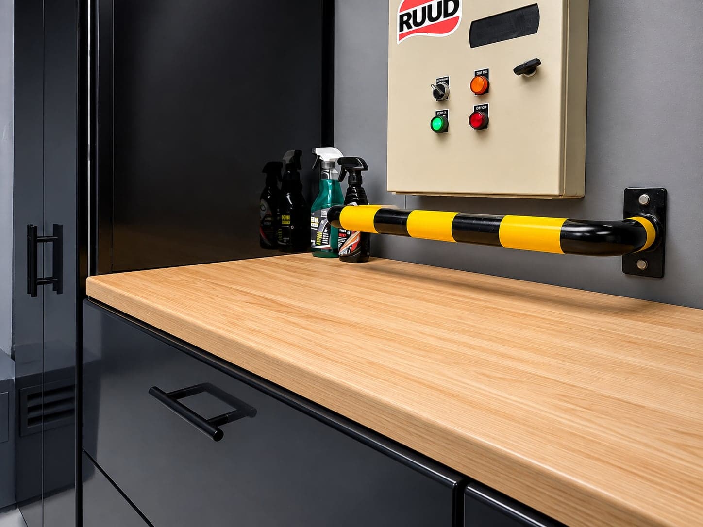 Close-up of the timber workbench top, drawer handles and yellow-and-black safety bar