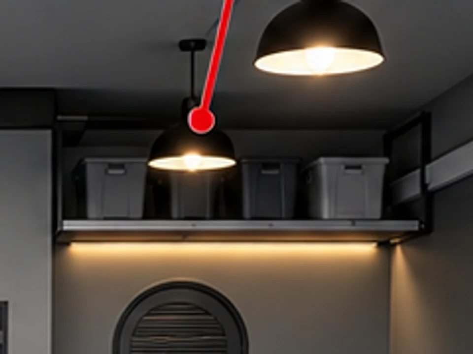 Close-up of an overhead storage platform in the package illustration, holding storage boxes, with warm LED lighting underneath